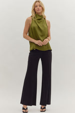 Olive Sleeveless Mock Neck Top with Draped Front