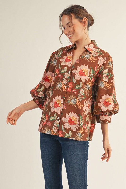 Brown Hues Puff Sleeve Floral Button Down Top