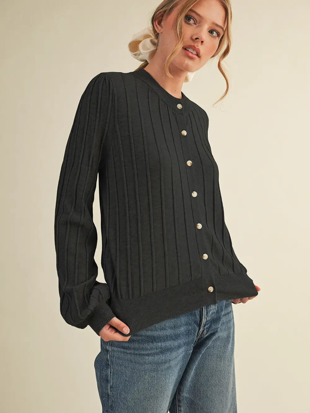 Soft Ribbed Sweater Cardigan- Black