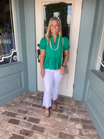 Kelly Green Peplum Top with White Scallop Trim