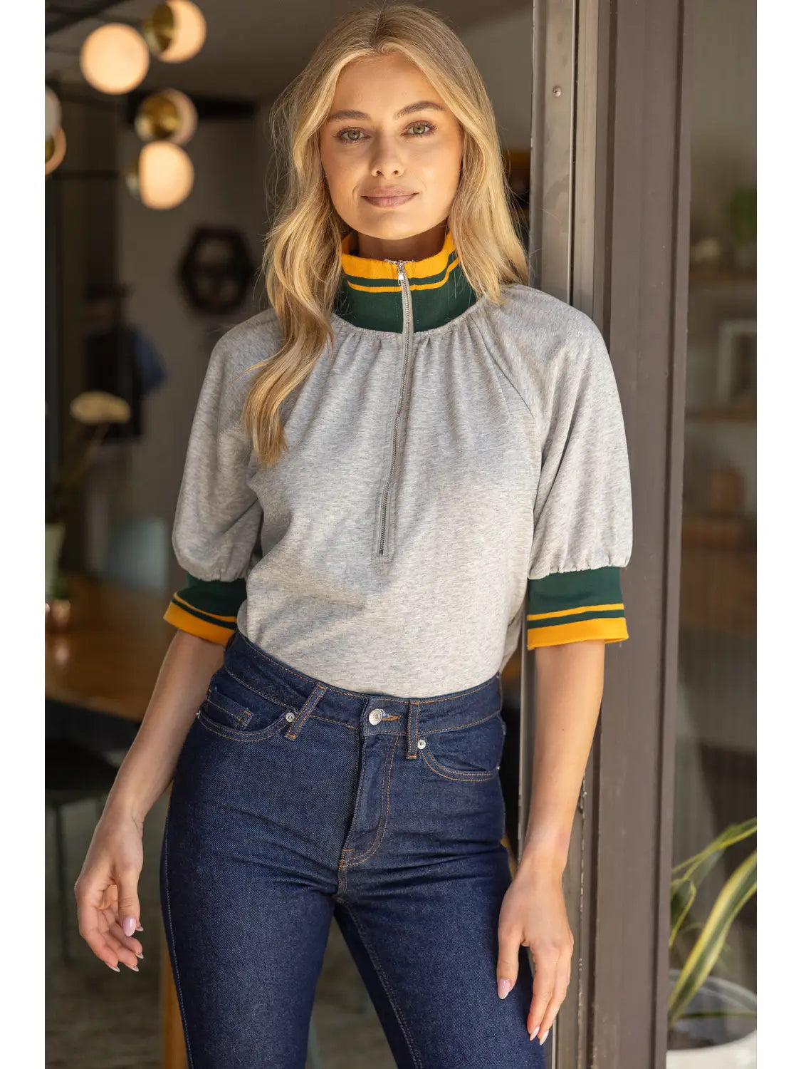 Quarter Zip Heather Gray Top with Stripe Accent