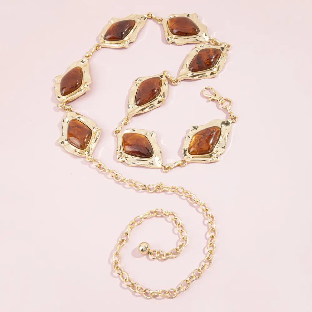 Hammered Frame Cabochon Chain Belt- Brown