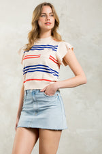 THML CREAM KNIT TOP WITH RED AND BLUE STRIPE AND POCKET DETAIL