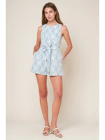 Ice Blue Floral Lace Romper with Self Tie Sash and Back Zipper Closure
