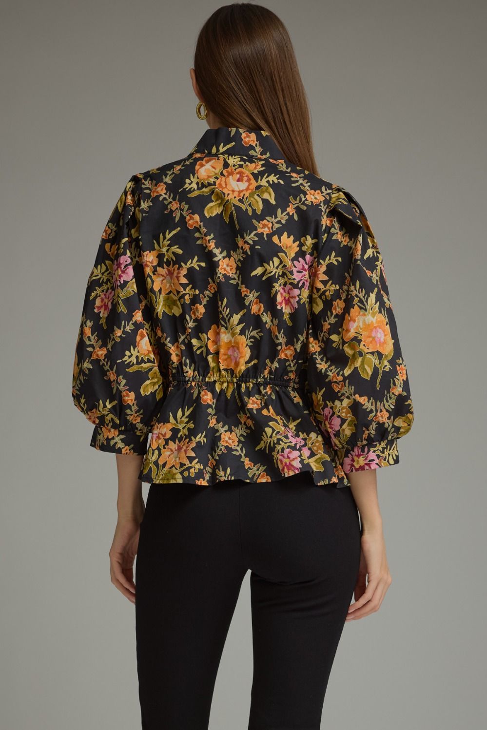 Black Floral Peplum w W Gold Button Detail
