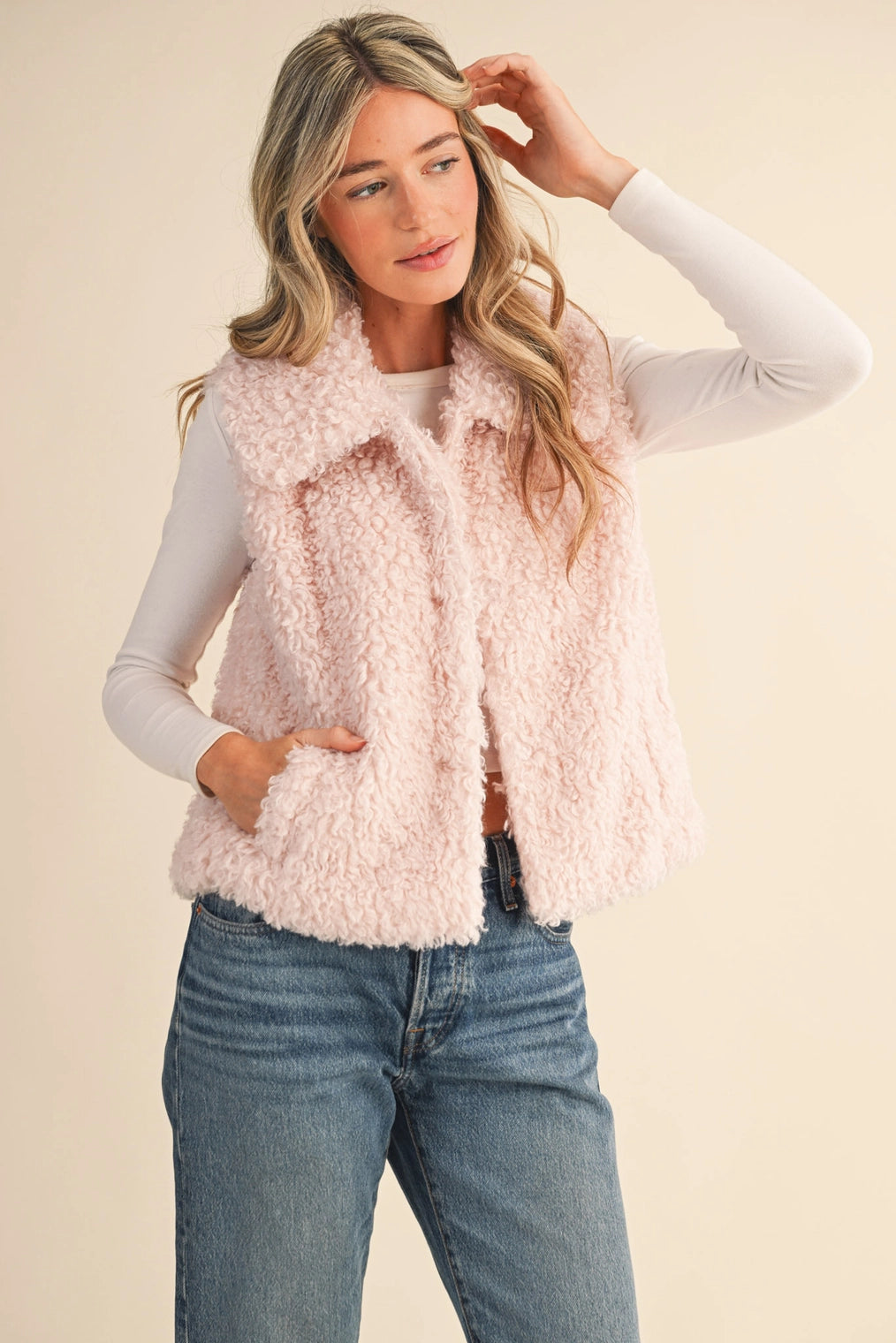 Soft Pink Sherpa Collared Vest