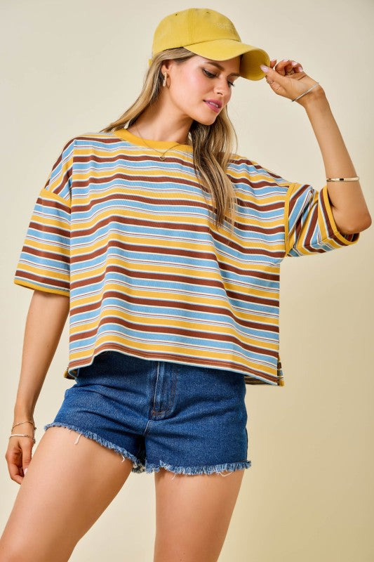 Brown Multi Striped Oversized Boxy Top