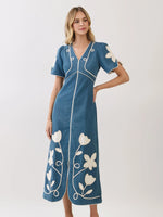 Jillian Floral Appliqué Contrast Trim Maxi Dress- Indigo