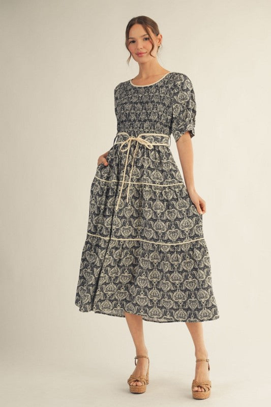 Myra Black and Ivory Smocked Bodice Belted Midi