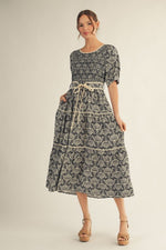 Myra Black and Ivory Smocked Bodice Belted Midi