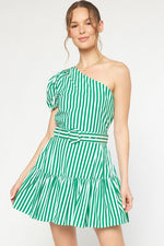 ONE SHOULDER GREEN PIN STRIPE BELTED MINI