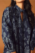 DENIM FLORAL JACQUARD DRESS WITH NECK TIE