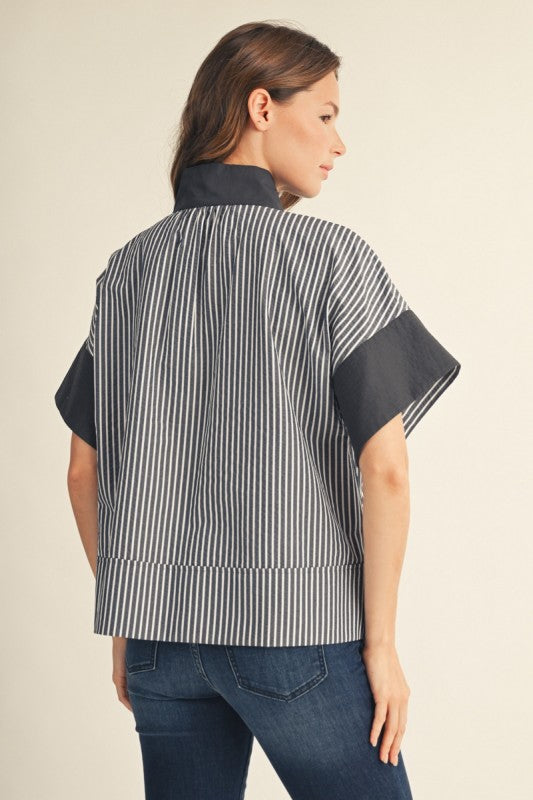 Brighton Navy Striped Button Front Top