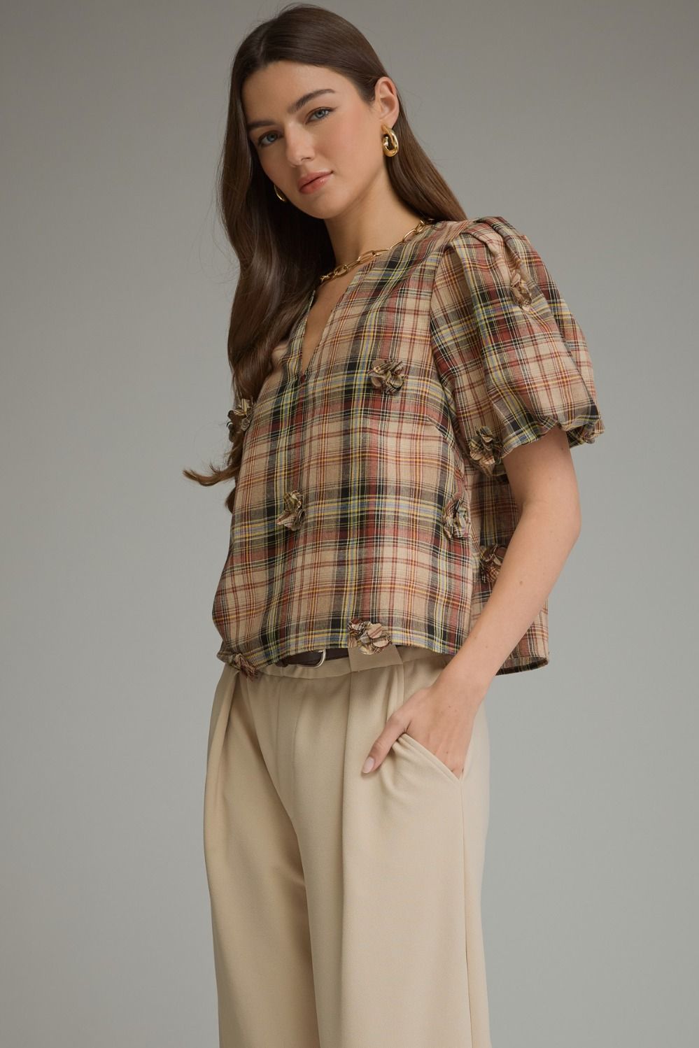 Savannah Plaid 3D Floral Top