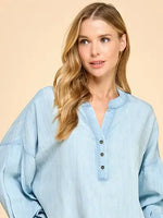Maura Denim Collarless Button Up Shirt