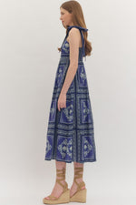 Camden Navy Printed Midi with Square Neckline and Raffia Detail Buttons
