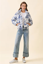 Navy Vintage Print Zip Snap Button Puffer Jacket