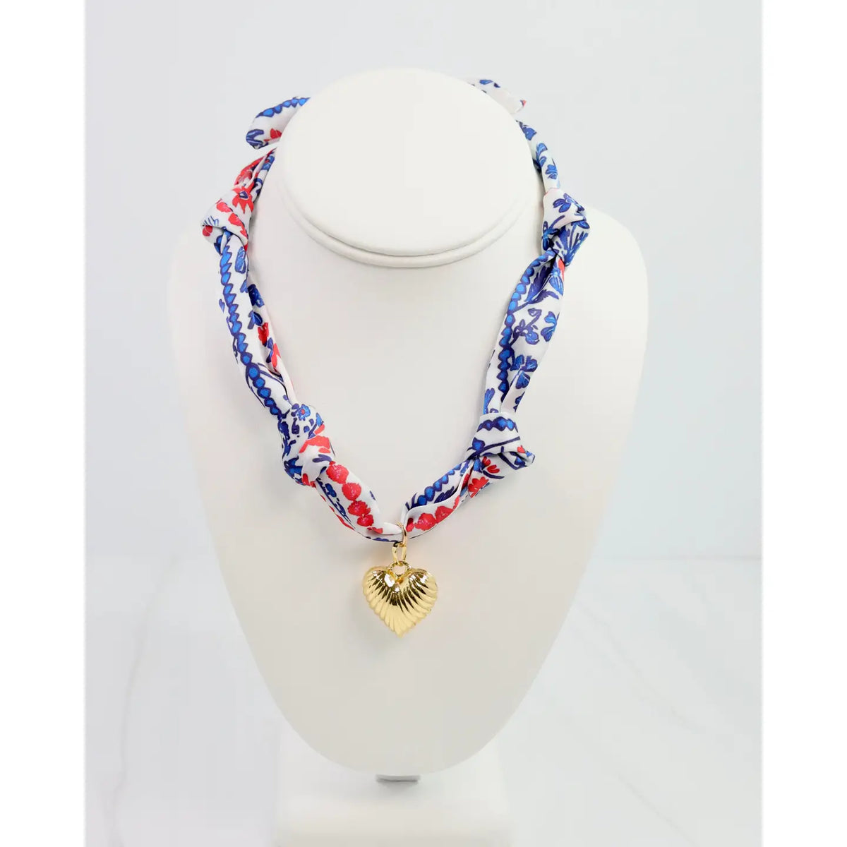 RED AND BLUE PUFF HEART CHARM SCARF NECKLACE