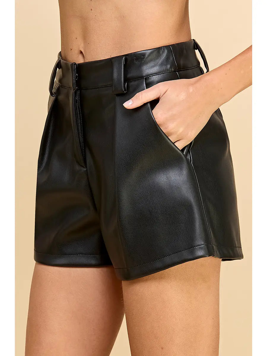 Black Faux Leather Pleated Detail Shorts with Side Pockets