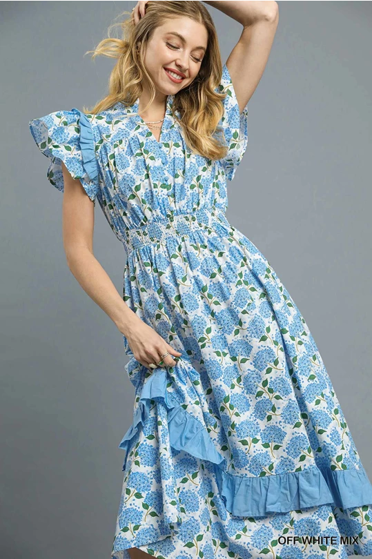 HYDRANGEA RUFFLE DETAIL MIDI DRESS