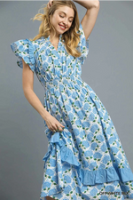 HYDRANGEA RUFFLE DETAIL MIDI DRESS