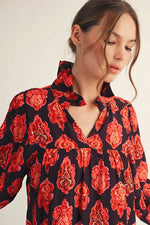 Eggplant Ruffle Split High Neck Damask Top