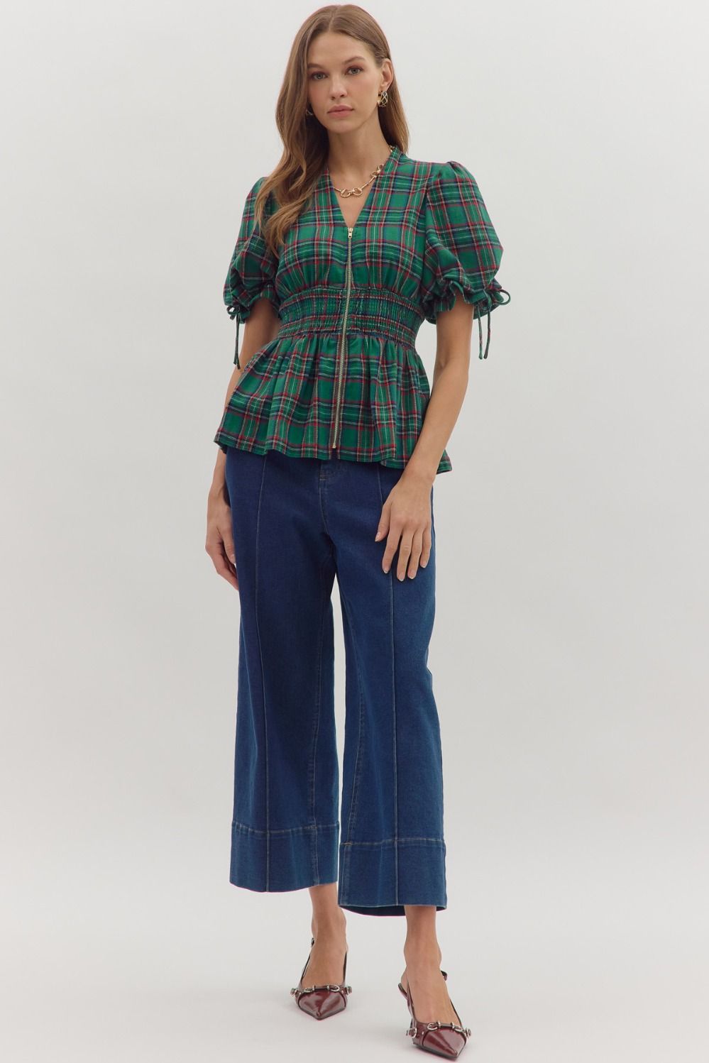 Green Plaid Front Zip Peplum Top