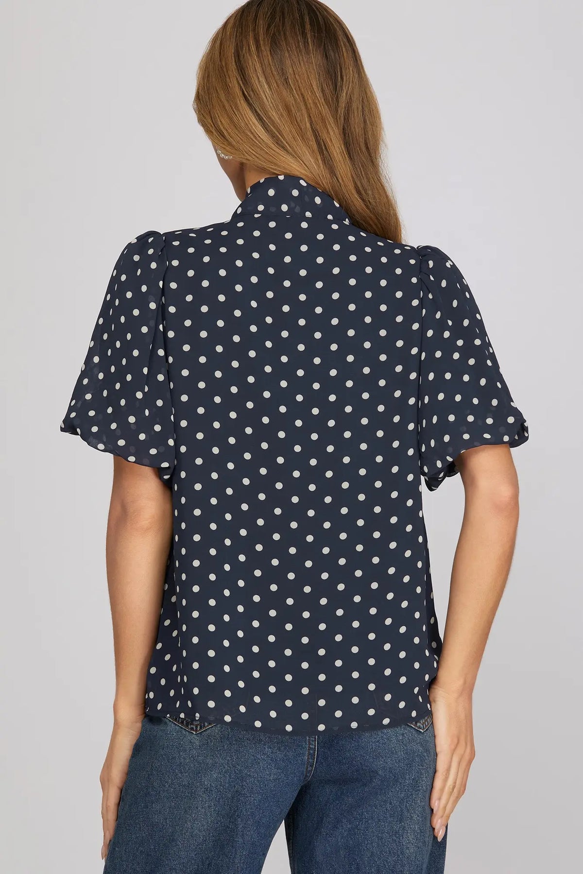 Bella Polka Dot Tie Neck Blouss- Navy