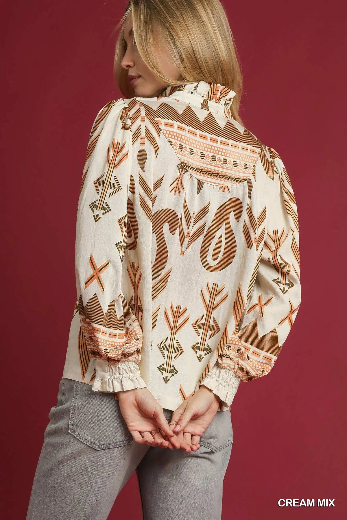Cream Mix Boho Print Ruffle Neck Blouse