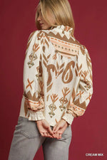 Cream Mix Boho Print Ruffle Neck Blouse