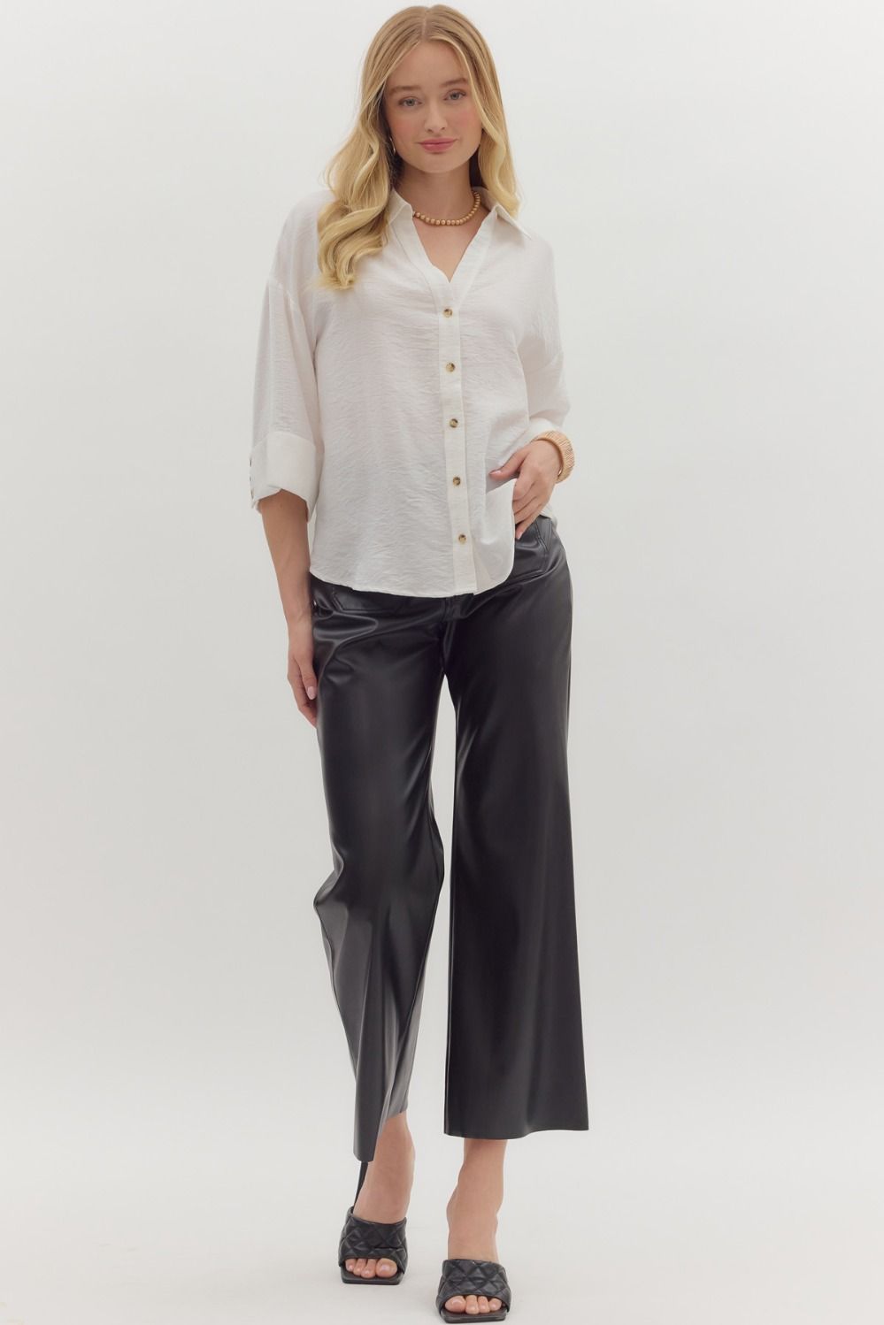 Solid Wide Cuff ¾ Sleeve Spread Collar Button Front Top
