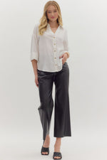Solid Wide Cuff ¾ Sleeve Spread Collar Button Front Top