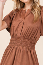 Camel Suede Short Sleeve Dress with Smocked Waist