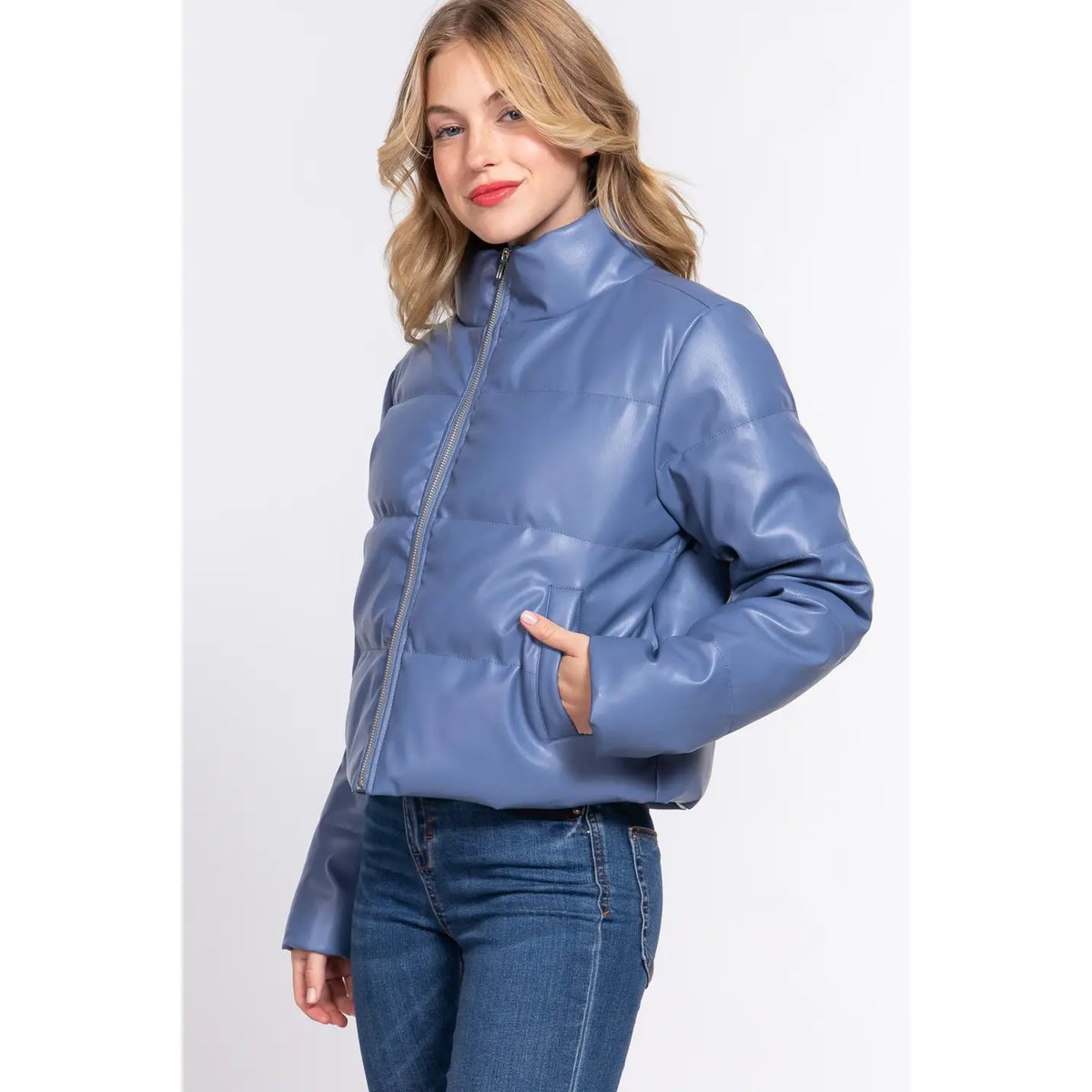 SLATE BLUE LEATHER PUFFER JACKET