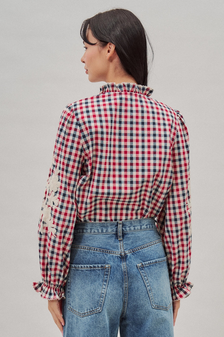 Floral Embroidered Gingham Blouse with Ruffle Collar- Red/Navy