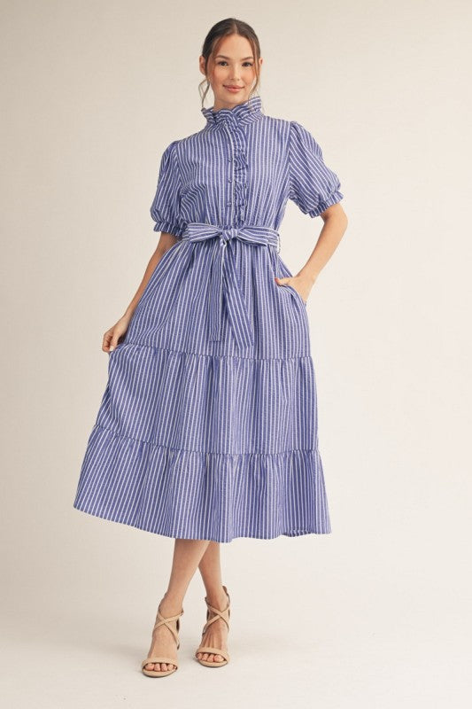 Seaside Ruffle Detail Tiered Striped Midi Dress /Blue/White