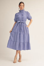 Seaside Ruffle Detail Tiered Striped Midi Dress /Blue/White