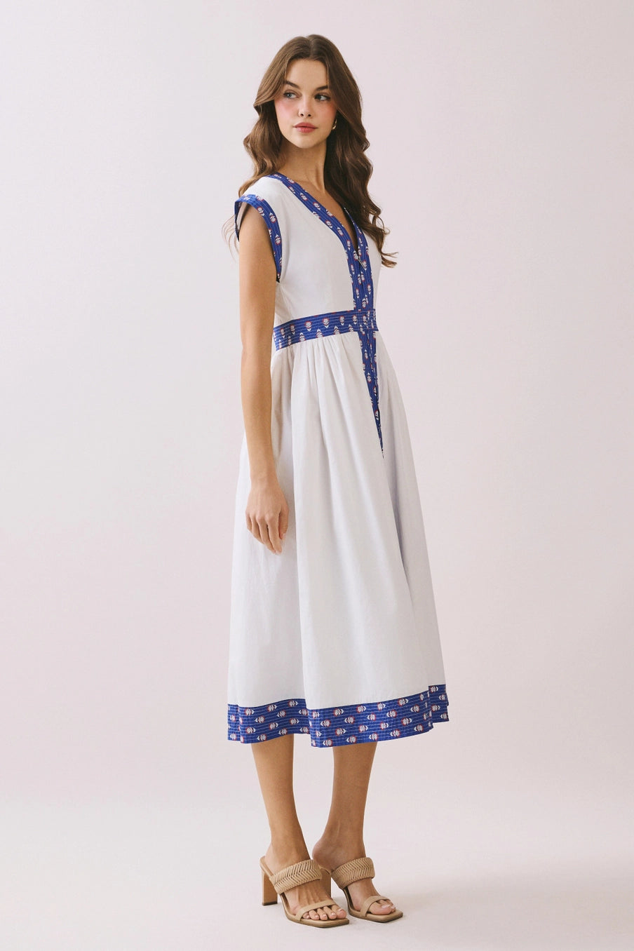 Scarlett Contrast Printed Trim Detail V Neck Midi Dress- White with Red/Blue