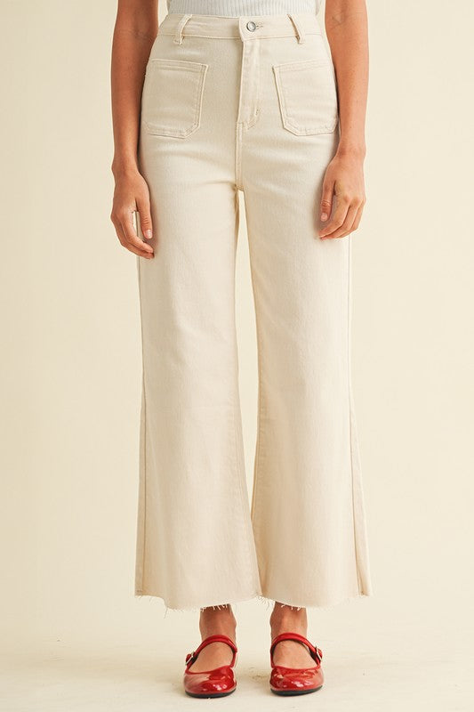 Vera Wide Leg Stretch Patch Pocket Denim- Ecru