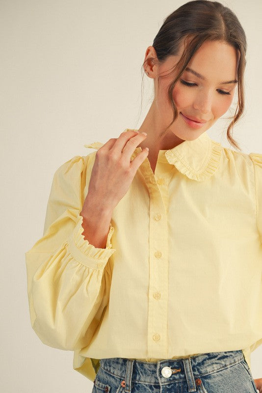 Canary Ruffle Accent Button Down Detail Collar Shirt