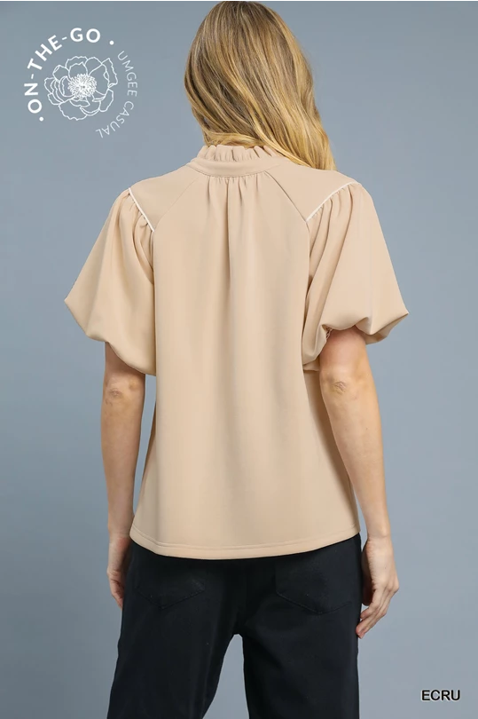 Dayton Piped Yoke Puff Sleeve Top- Ecru