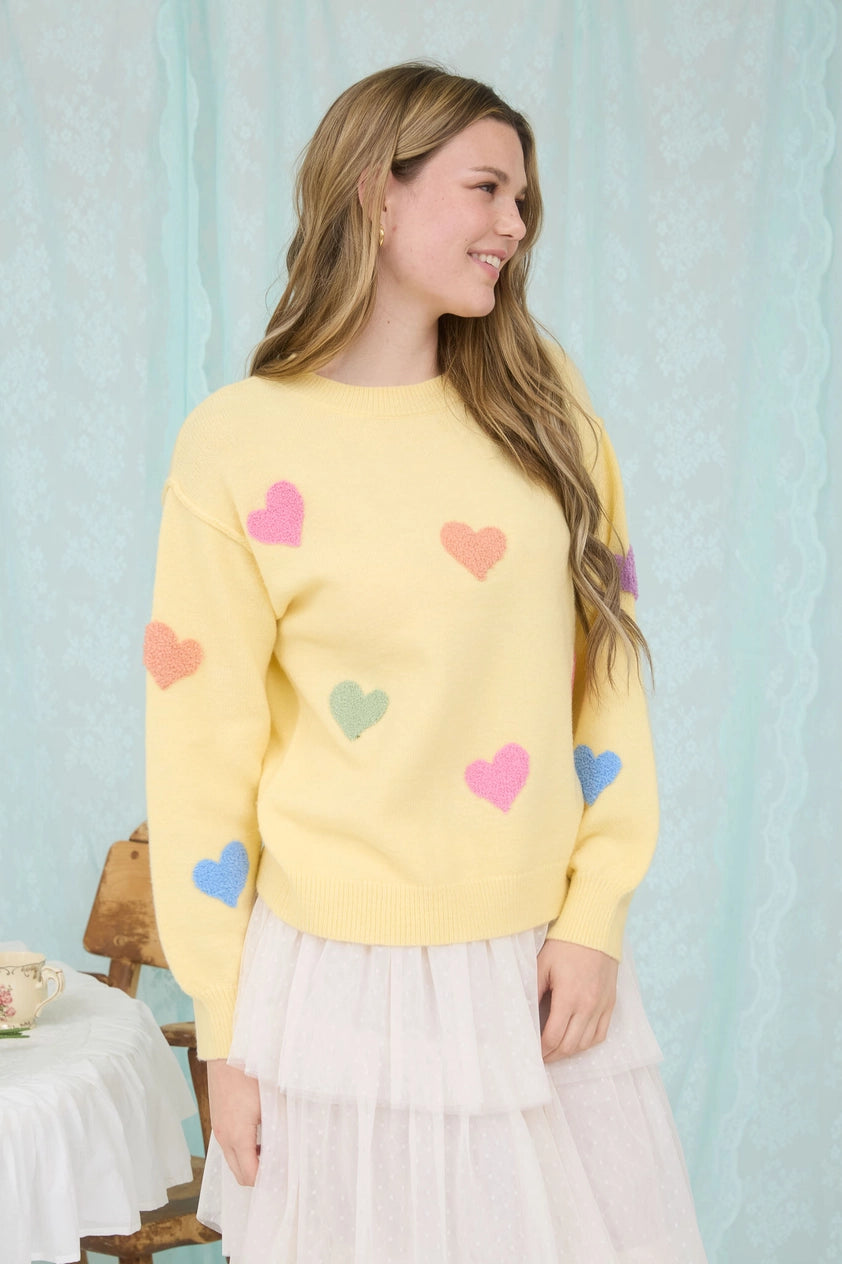Butter Yellow Mulit-Color Heart Sweater Knit Pullover