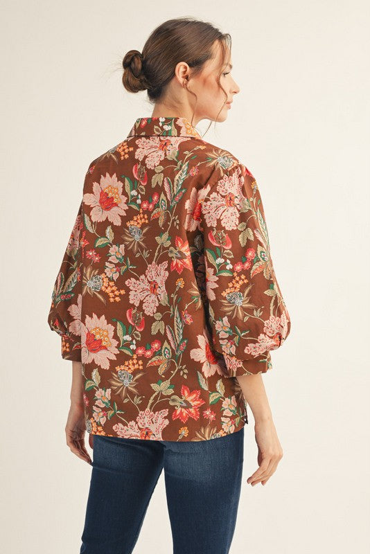Brown Hues Puff Sleeve Floral Button Down Top