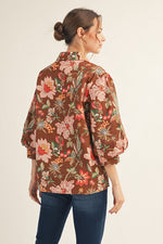 Brown Hues Puff Sleeve Floral Button Down Top