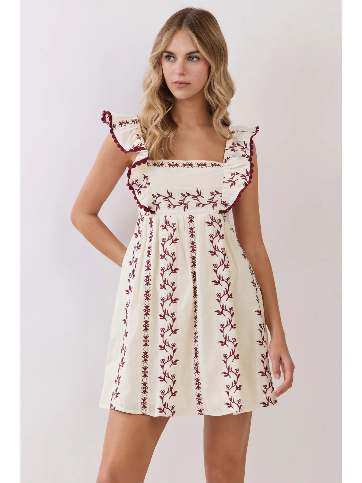 Flutter Ruffle Strap Baby Doll Mini Dress with Tie Back Detail - Maroon/Cream