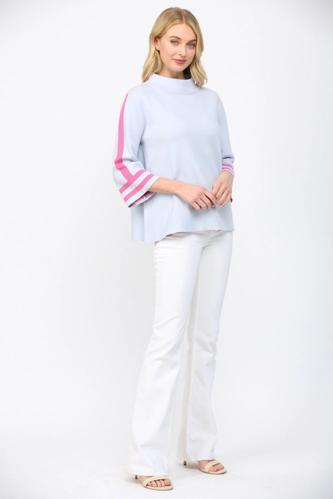 Audrey Striped Mock Neck Sweater - Powder Blue/Pink