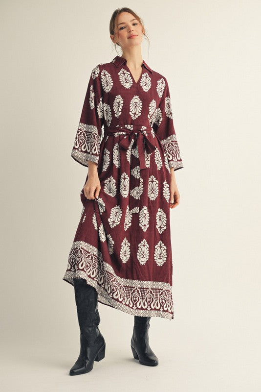 Vivian Damask Print Midi with Waist Tie