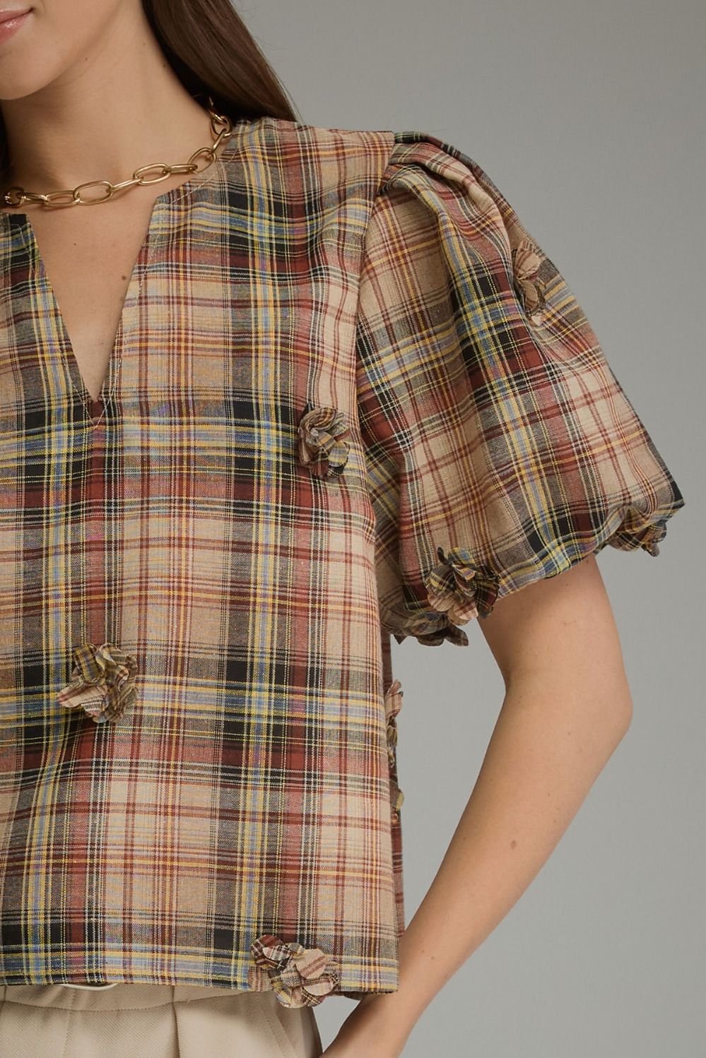 Savannah Plaid 3D Floral Top