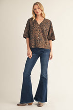 Leopard V Neck Button Front Top