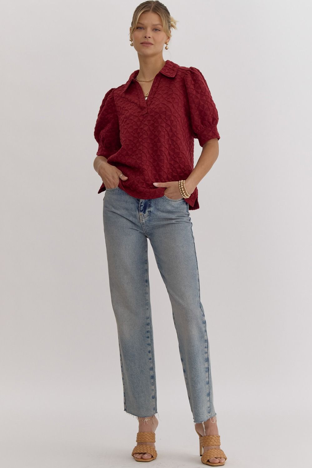 Puff Sleeve Textured Collar Top